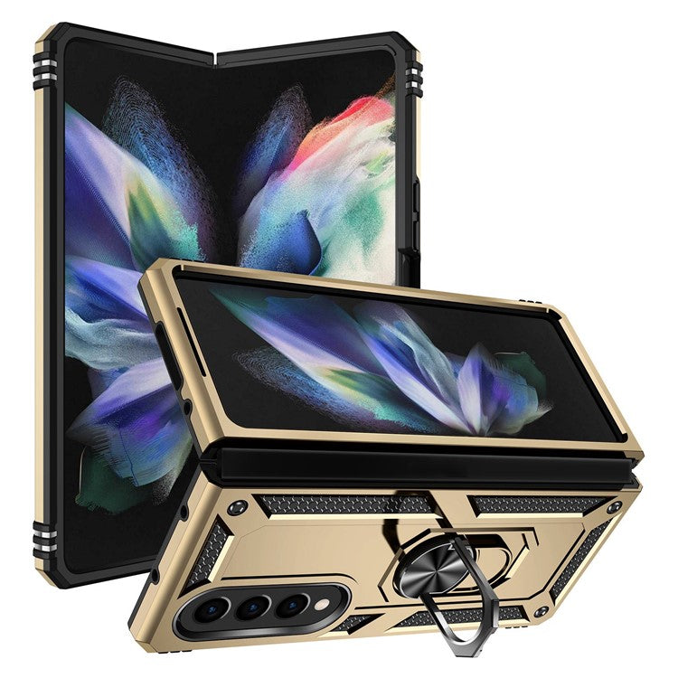 For Samsung Galaxy Z Fold4 5G TPU + PC Shockproof Phone Case Ring Holder Kickstand Protective Cover with Car Mount Metal Sheet - Gold
