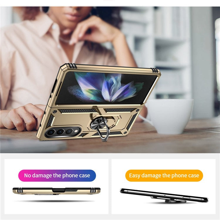 For Samsung Galaxy Z Fold4 5G TPU + PC Shockproof Phone Case Ring Holder Kickstand Protective Cover with Car Mount Metal Sheet - Gold