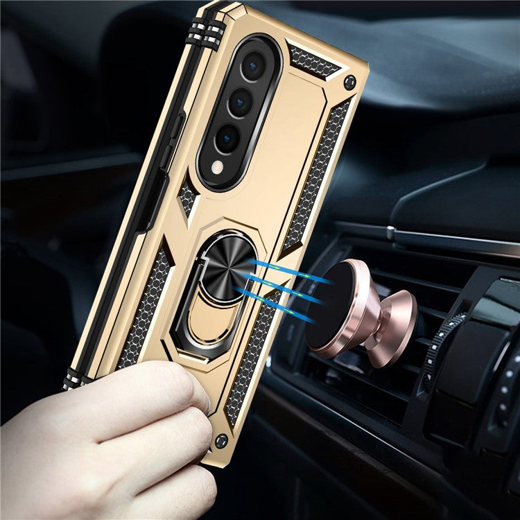 For Samsung Galaxy Z Fold4 5G TPU + PC Shockproof Phone Case Ring Holder Kickstand Protective Cover with Car Mount Metal Sheet - Gold