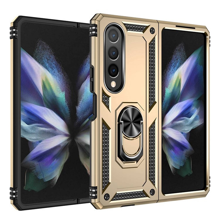 For Samsung Galaxy Z Fold4 5G TPU + PC Shockproof Phone Case Ring Holder Kickstand Protective Cover with Car Mount Metal Sheet - Gold