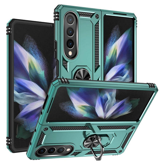 For Samsung Galaxy Z Fold4 5G TPU + PC Shockproof Phone Case Ring Holder Kickstand Protective Cover with Car Mount Metal Sheet - Blackish Green