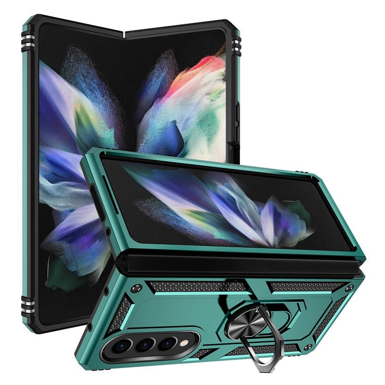 For Samsung Galaxy Z Fold4 5G TPU + PC Shockproof Phone Case Ring Holder Kickstand Protective Cover with Car Mount Metal Sheet - Blackish Green