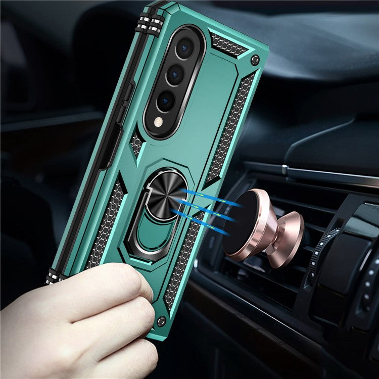For Samsung Galaxy Z Fold4 5G TPU + PC Shockproof Phone Case Ring Holder Kickstand Protective Cover with Car Mount Metal Sheet - Blackish Green