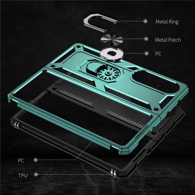 For Samsung Galaxy Z Fold4 5G TPU + PC Shockproof Phone Case Ring Holder Kickstand Protective Cover with Car Mount Metal Sheet - Blackish Green