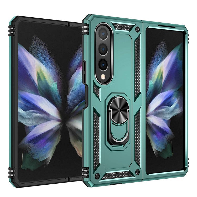 For Samsung Galaxy Z Fold4 5G TPU + PC Shockproof Phone Case Ring Holder Kickstand Protective Cover with Car Mount Metal Sheet - Blackish Green
