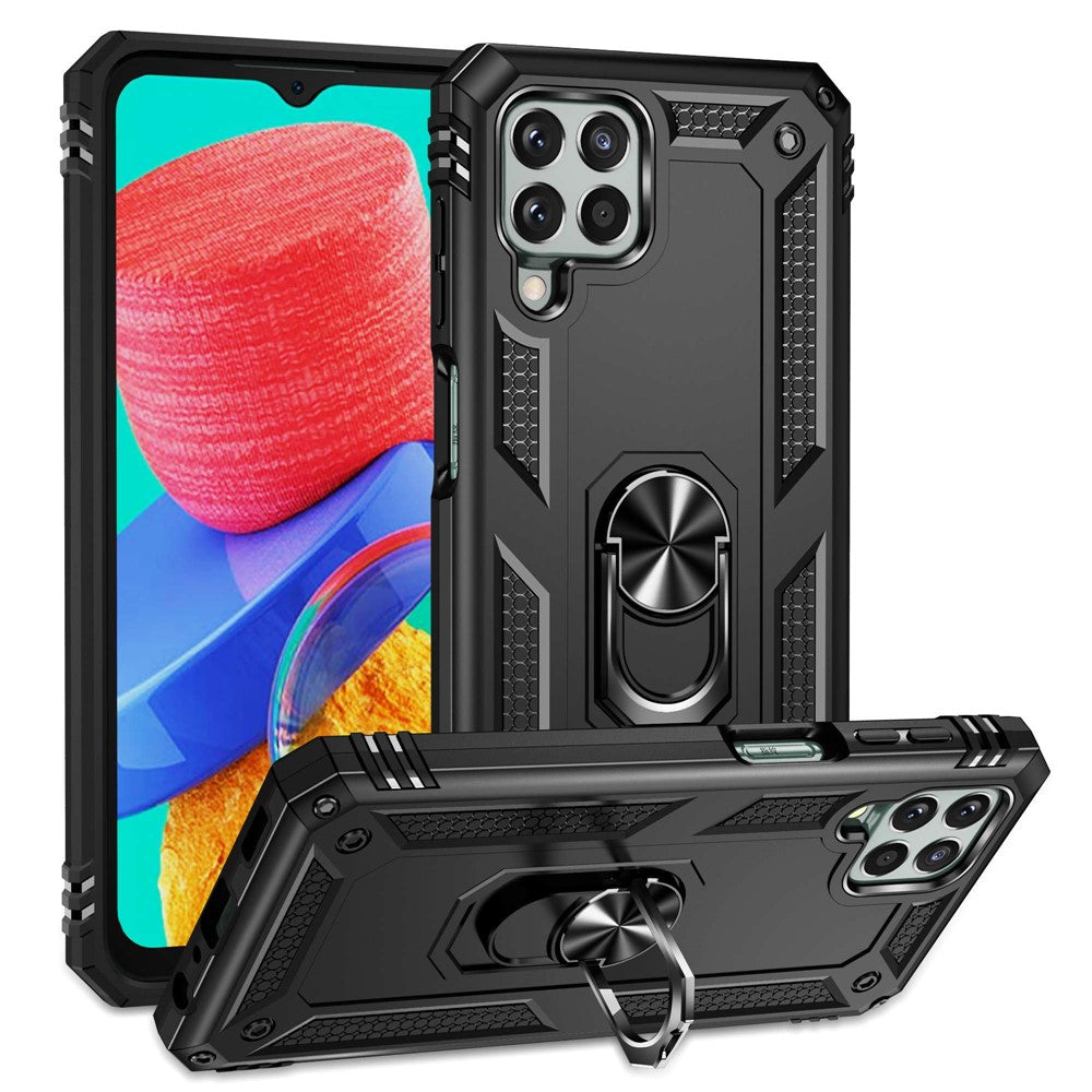 For Samsung Galaxy M33 5G (Global Version) TPU + PC Scratch-resistant Drop-proof Cell Phone Case with Ring Holder Kickstand and Built-in Metal Sheet - Black