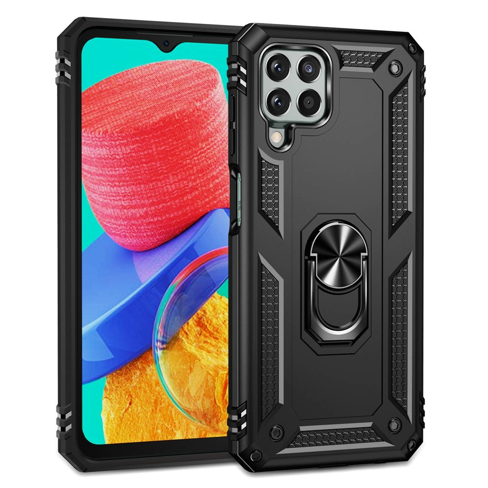 For Samsung Galaxy M33 5G (Global Version) TPU + PC Scratch-resistant Drop-proof Cell Phone Case with Ring Holder Kickstand and Built-in Metal Sheet - Black