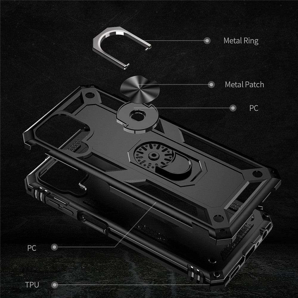 For Samsung Galaxy M33 5G (Global Version) TPU + PC Scratch-resistant Drop-proof Cell Phone Case with Ring Holder Kickstand and Built-in Metal Sheet - Black
