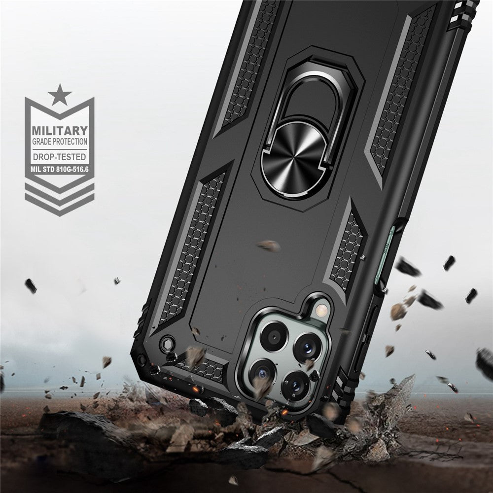 For Samsung Galaxy M33 5G (Global Version) TPU + PC Scratch-resistant Drop-proof Cell Phone Case with Ring Holder Kickstand and Built-in Metal Sheet - Black