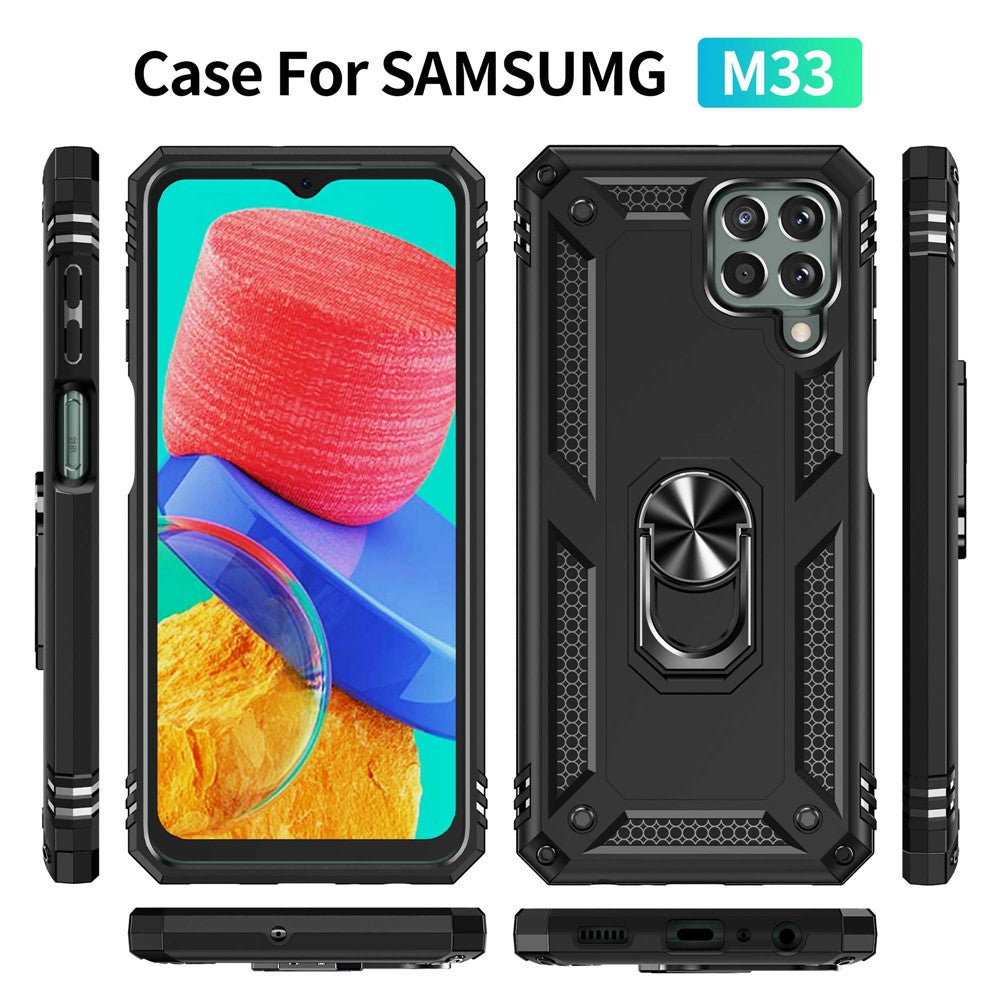 For Samsung Galaxy M33 5G (Global Version) TPU + PC Scratch-resistant Drop-proof Cell Phone Case with Ring Holder Kickstand and Built-in Metal Sheet - Black