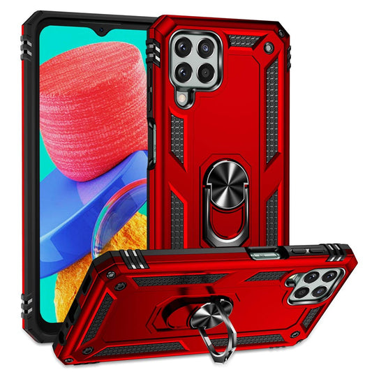 For Samsung Galaxy M33 5G (Global Version) TPU + PC Scratch-resistant Drop-proof Cell Phone Case with Ring Holder Kickstand and Built-in Metal Sheet - Red