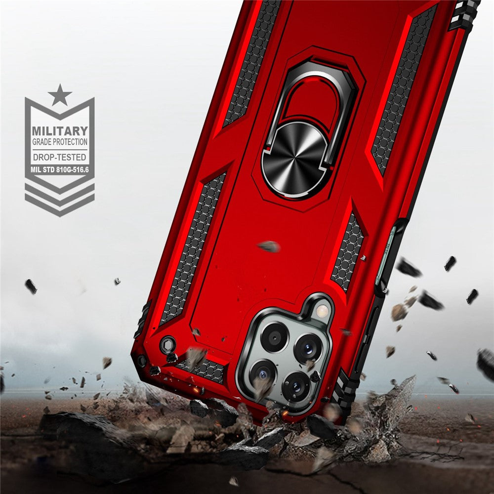 For Samsung Galaxy M33 5G (Global Version) TPU + PC Scratch-resistant Drop-proof Cell Phone Case with Ring Holder Kickstand and Built-in Metal Sheet - Red