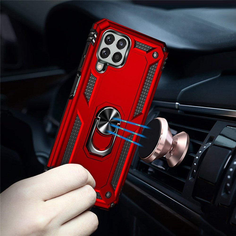 For Samsung Galaxy M33 5G (Global Version) TPU + PC Scratch-resistant Drop-proof Cell Phone Case with Ring Holder Kickstand and Built-in Metal Sheet - Red