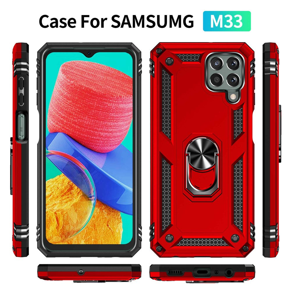 For Samsung Galaxy M33 5G (Global Version) TPU + PC Scratch-resistant Drop-proof Cell Phone Case with Ring Holder Kickstand and Built-in Metal Sheet - Red