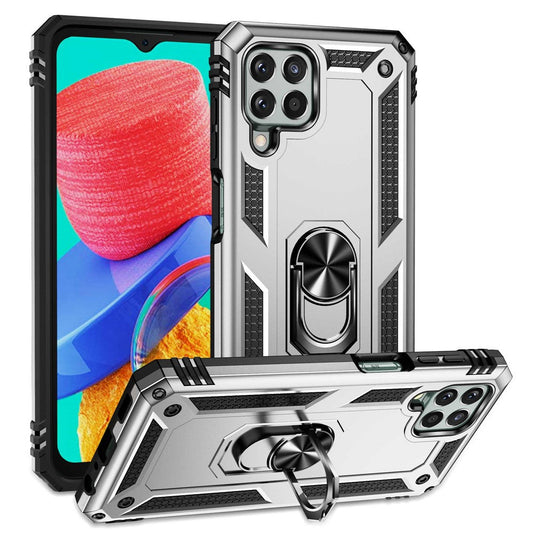 For Samsung Galaxy M33 5G (Global Version) TPU + PC Scratch-resistant Drop-proof Cell Phone Case with Ring Holder Kickstand and Built-in Metal Sheet - Silver