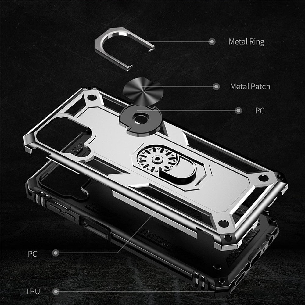 For Samsung Galaxy M33 5G (Global Version) TPU + PC Scratch-resistant Drop-proof Cell Phone Case with Ring Holder Kickstand and Built-in Metal Sheet - Silver