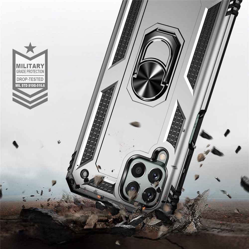For Samsung Galaxy M33 5G (Global Version) TPU + PC Scratch-resistant Drop-proof Cell Phone Case with Ring Holder Kickstand and Built-in Metal Sheet - Silver