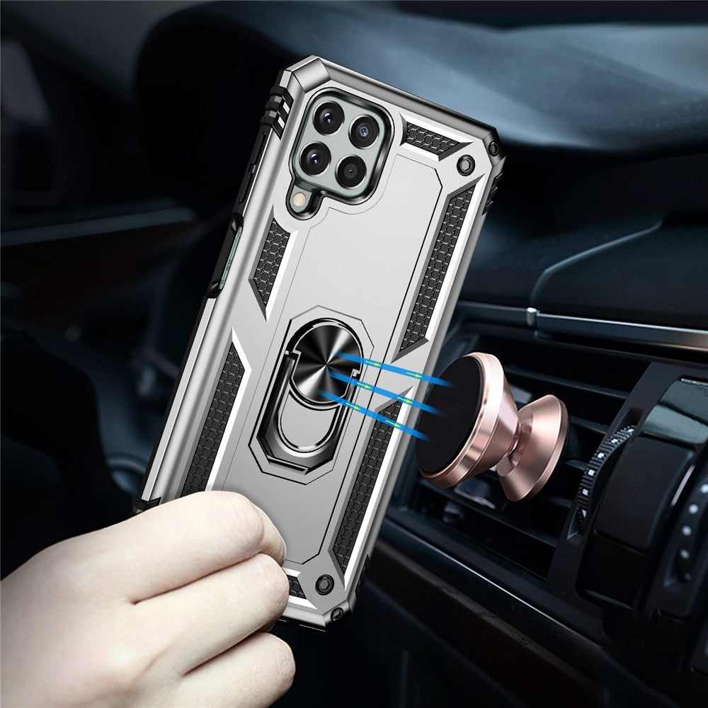 For Samsung Galaxy M33 5G (Global Version) TPU + PC Scratch-resistant Drop-proof Cell Phone Case with Ring Holder Kickstand and Built-in Metal Sheet - Silver