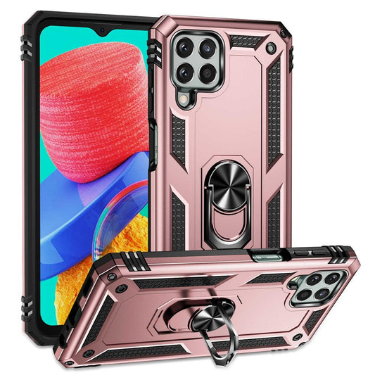 For Samsung Galaxy M33 5G (Global Version) TPU + PC Scratch-resistant Drop-proof Cell Phone Case with Ring Holder Kickstand and Built-in Metal Sheet - Rose Gold