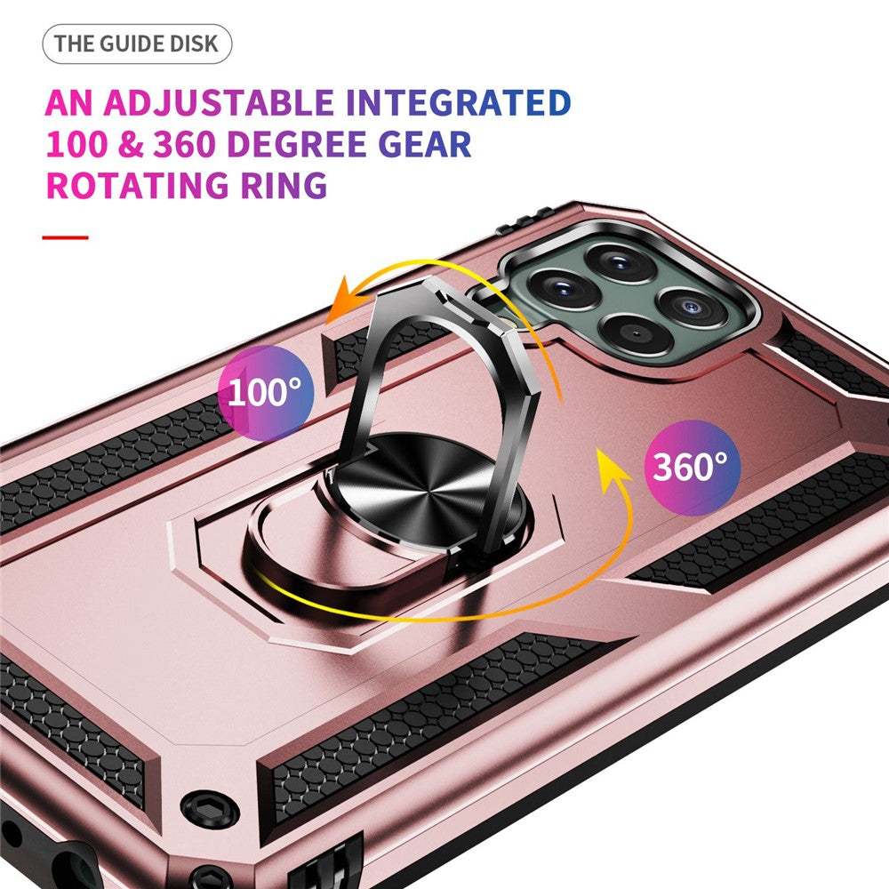 For Samsung Galaxy M33 5G (Global Version) TPU + PC Scratch-resistant Drop-proof Cell Phone Case with Ring Holder Kickstand and Built-in Metal Sheet - Rose Gold