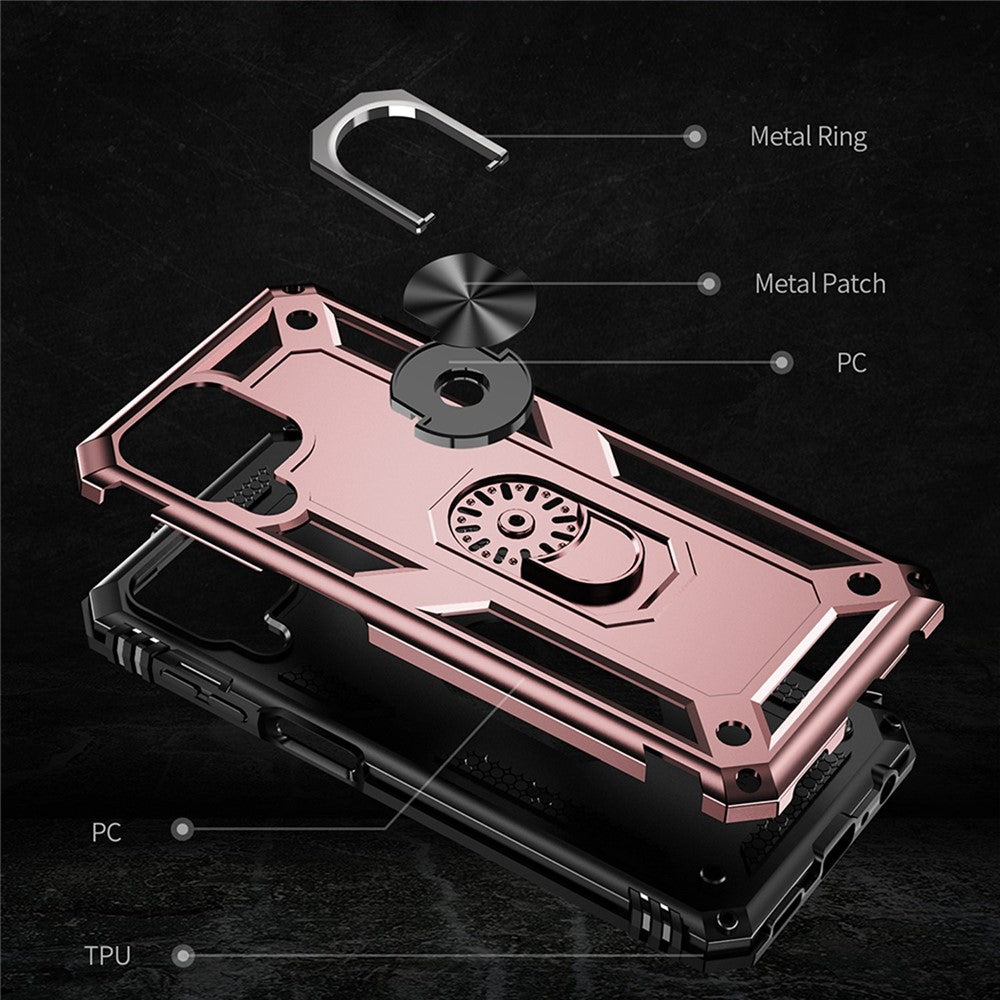 For Samsung Galaxy M33 5G (Global Version) TPU + PC Scratch-resistant Drop-proof Cell Phone Case with Ring Holder Kickstand and Built-in Metal Sheet - Rose Gold