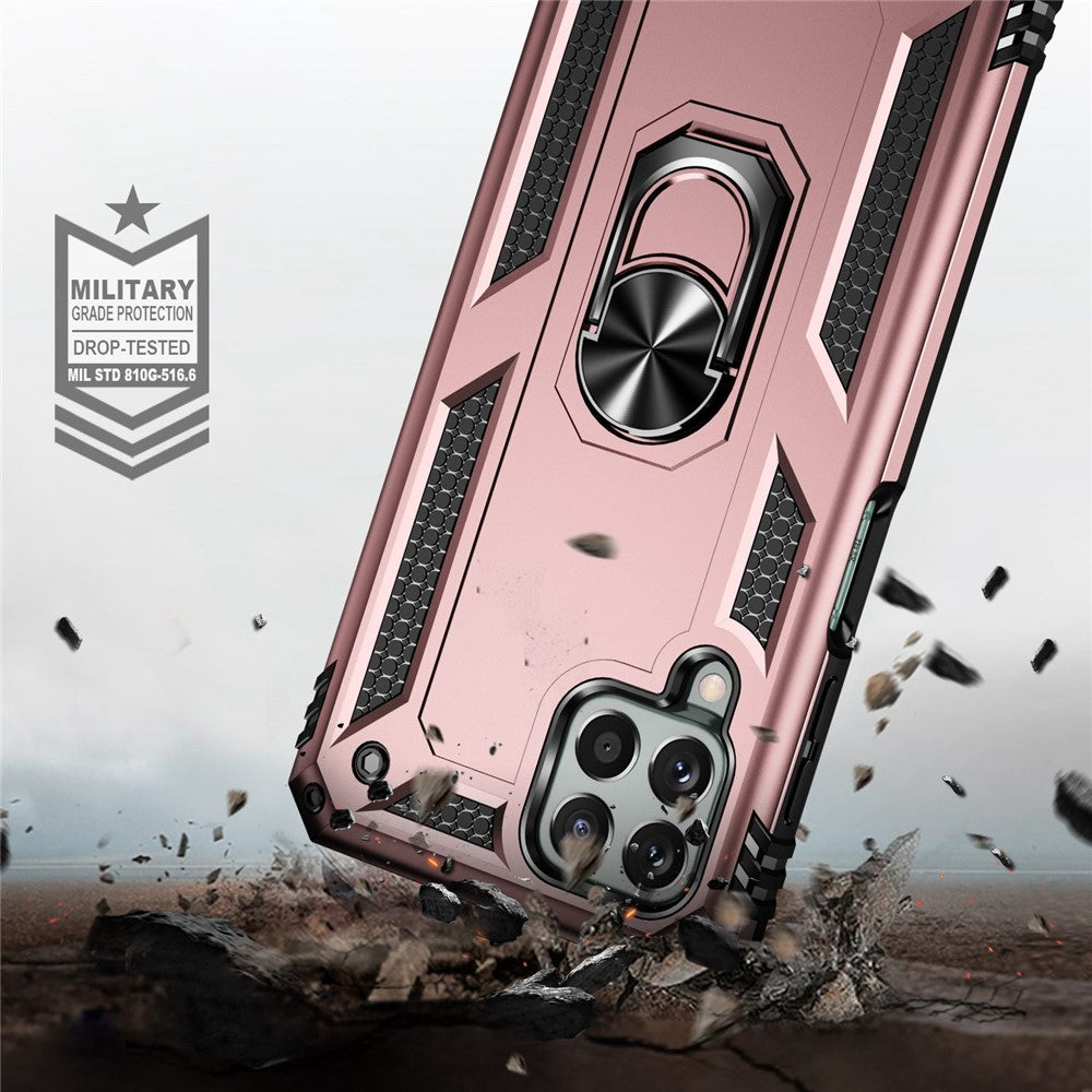 For Samsung Galaxy M33 5G (Global Version) TPU + PC Scratch-resistant Drop-proof Cell Phone Case with Ring Holder Kickstand and Built-in Metal Sheet - Rose Gold