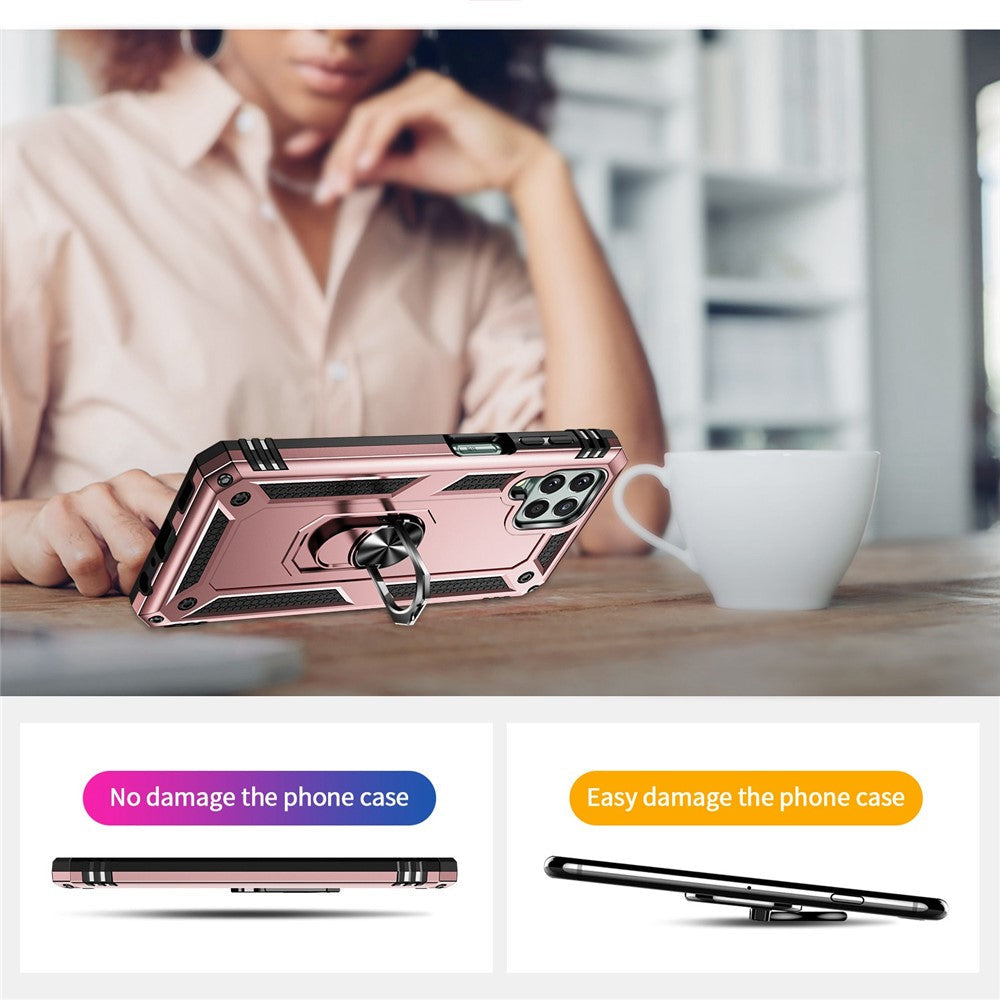 For Samsung Galaxy M33 5G (Global Version) TPU + PC Scratch-resistant Drop-proof Cell Phone Case with Ring Holder Kickstand and Built-in Metal Sheet - Rose Gold