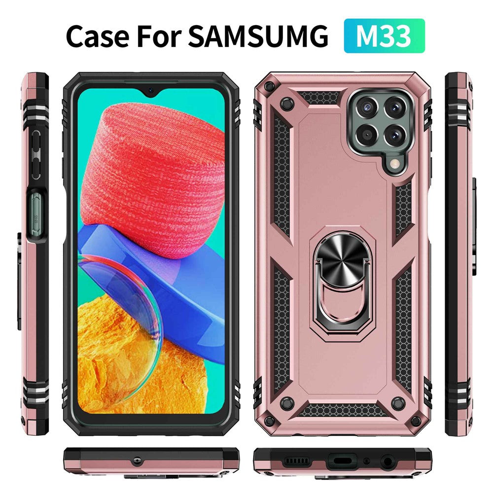 For Samsung Galaxy M33 5G (Global Version) TPU + PC Scratch-resistant Drop-proof Cell Phone Case with Ring Holder Kickstand and Built-in Metal Sheet - Rose Gold