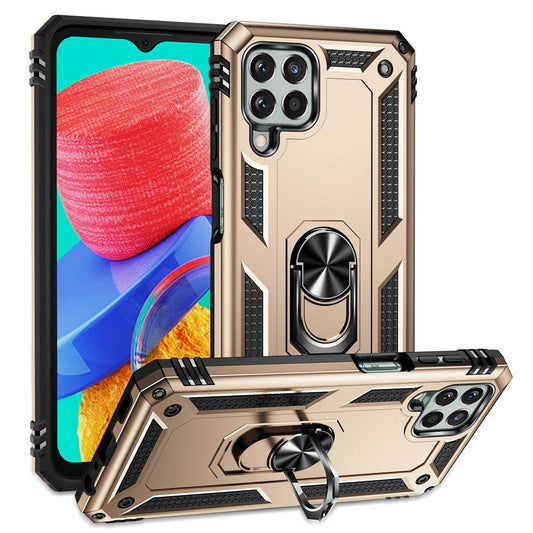 For Samsung Galaxy M33 5G (Global Version) TPU + PC Scratch-resistant Drop-proof Cell Phone Case with Ring Holder Kickstand and Built-in Metal Sheet - Gold