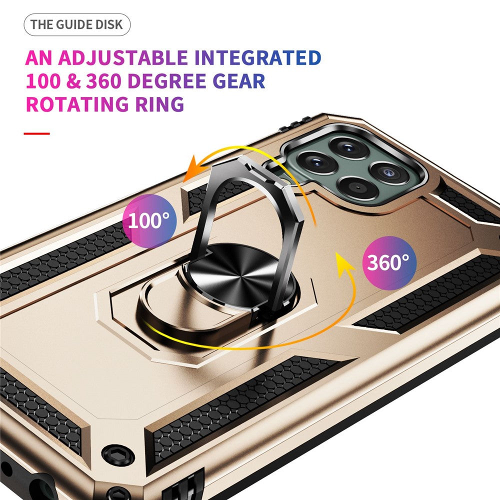 For Samsung Galaxy M33 5G (Global Version) TPU + PC Scratch-resistant Drop-proof Cell Phone Case with Ring Holder Kickstand and Built-in Metal Sheet - Gold