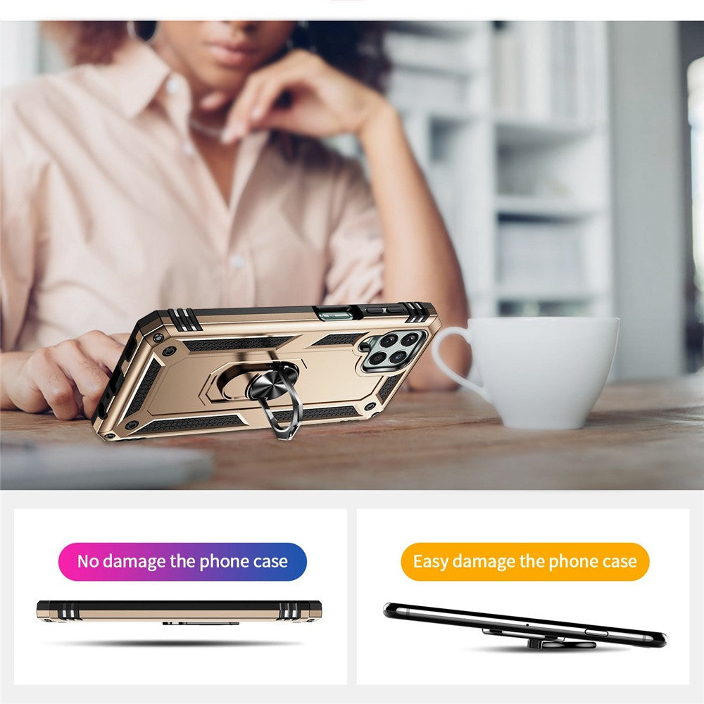 For Samsung Galaxy M33 5G (Global Version) TPU + PC Scratch-resistant Drop-proof Cell Phone Case with Ring Holder Kickstand and Built-in Metal Sheet - Gold