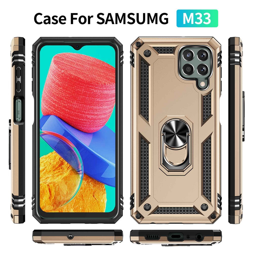 For Samsung Galaxy M33 5G (Global Version) TPU + PC Scratch-resistant Drop-proof Cell Phone Case with Ring Holder Kickstand and Built-in Metal Sheet - Gold
