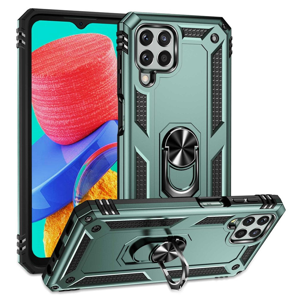 For Samsung Galaxy M33 5G (Global Version) TPU + PC Scratch-resistant Drop-proof Cell Phone Case with Ring Holder Kickstand and Built-in Metal Sheet - Blackish Green