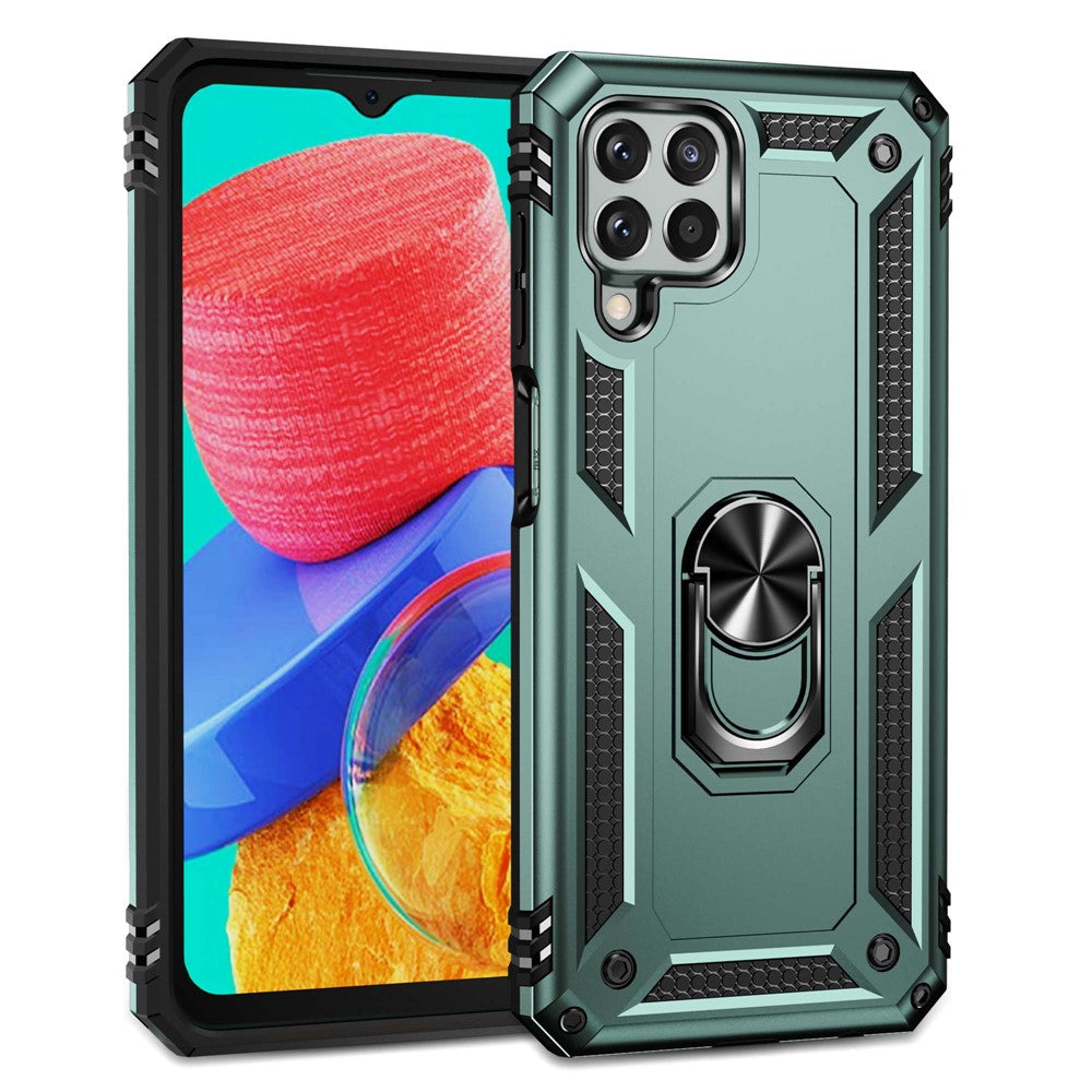 For Samsung Galaxy M33 5G (Global Version) TPU + PC Scratch-resistant Drop-proof Cell Phone Case with Ring Holder Kickstand and Built-in Metal Sheet - Blackish Green