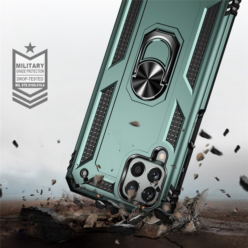 For Samsung Galaxy M33 5G (Global Version) TPU + PC Scratch-resistant Drop-proof Cell Phone Case with Ring Holder Kickstand and Built-in Metal Sheet - Blackish Green