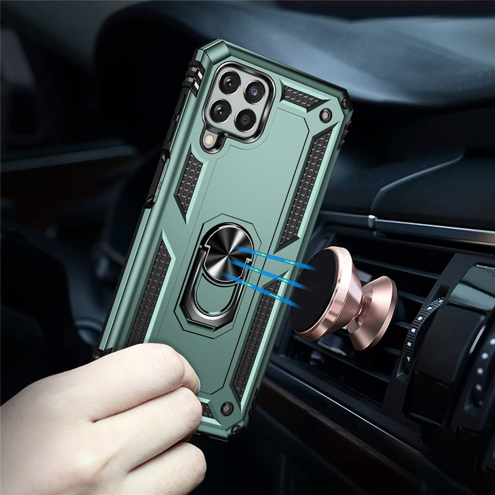 For Samsung Galaxy M33 5G (Global Version) TPU + PC Scratch-resistant Drop-proof Cell Phone Case with Ring Holder Kickstand and Built-in Metal Sheet - Blackish Green