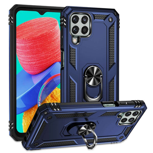 For Samsung Galaxy M33 5G (Global Version) TPU + PC Scratch-resistant Drop-proof Cell Phone Case with Ring Holder Kickstand and Built-in Metal Sheet - Blue