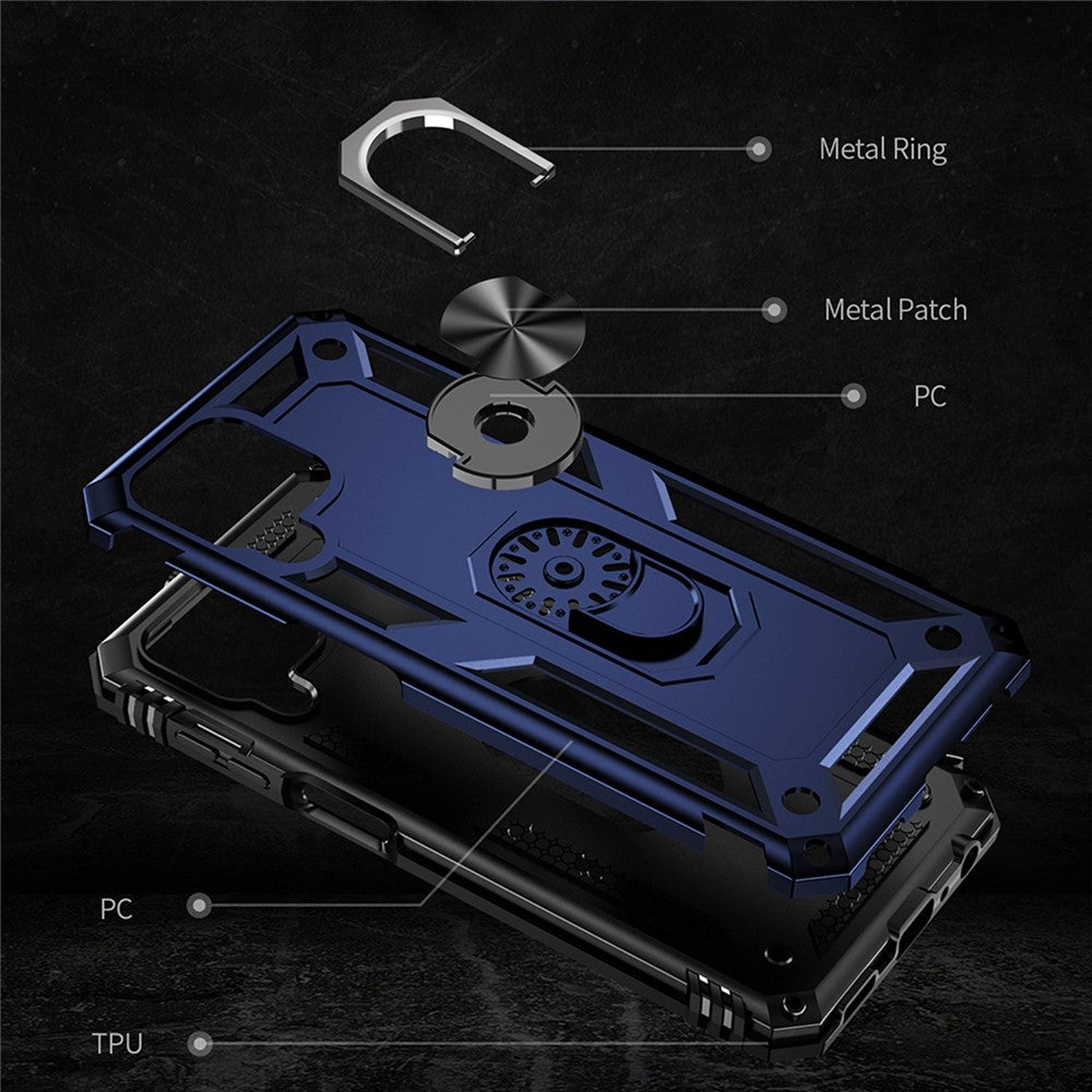 For Samsung Galaxy M33 5G (Global Version) TPU + PC Scratch-resistant Drop-proof Cell Phone Case with Ring Holder Kickstand and Built-in Metal Sheet - Blue