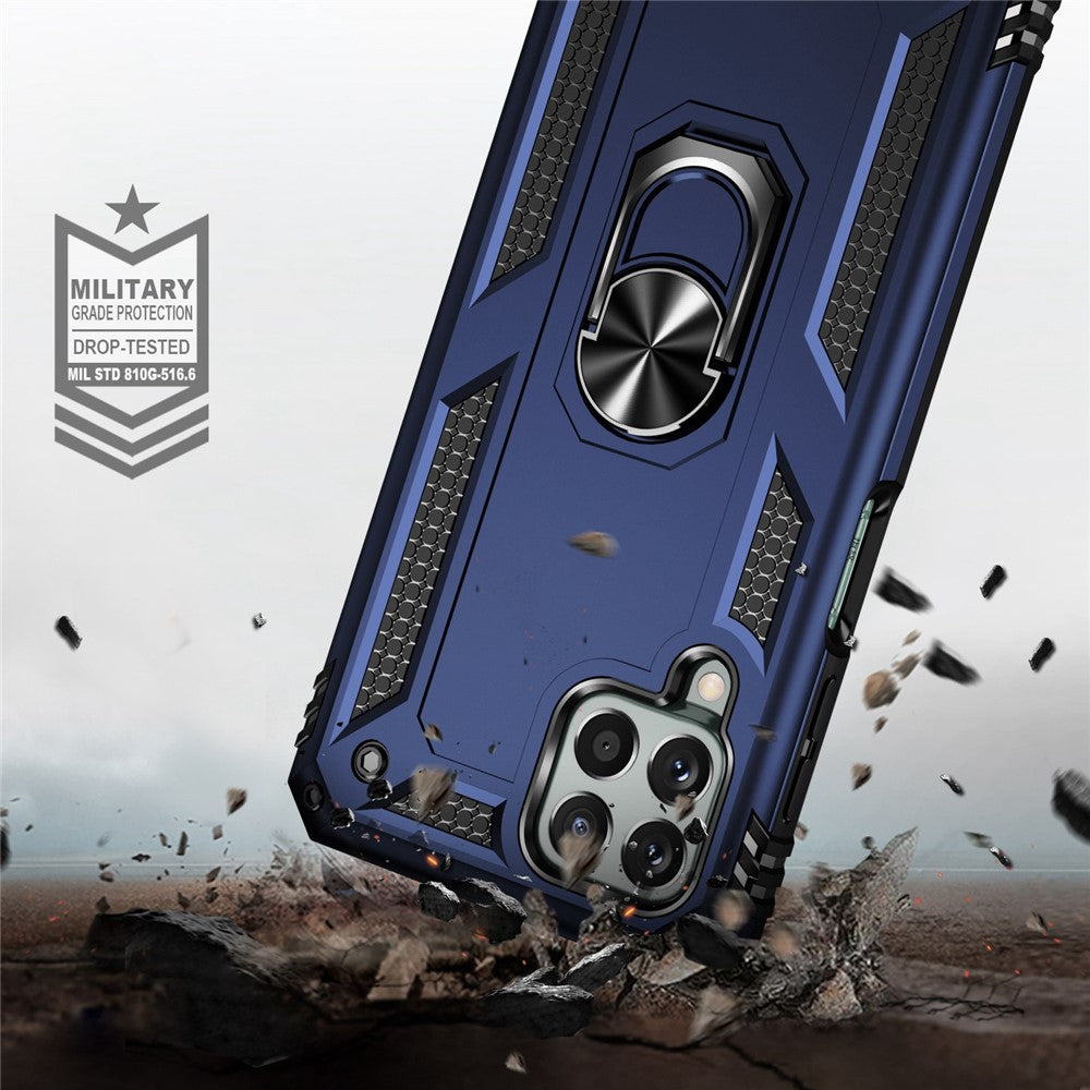 For Samsung Galaxy M33 5G (Global Version) TPU + PC Scratch-resistant Drop-proof Cell Phone Case with Ring Holder Kickstand and Built-in Metal Sheet - Blue