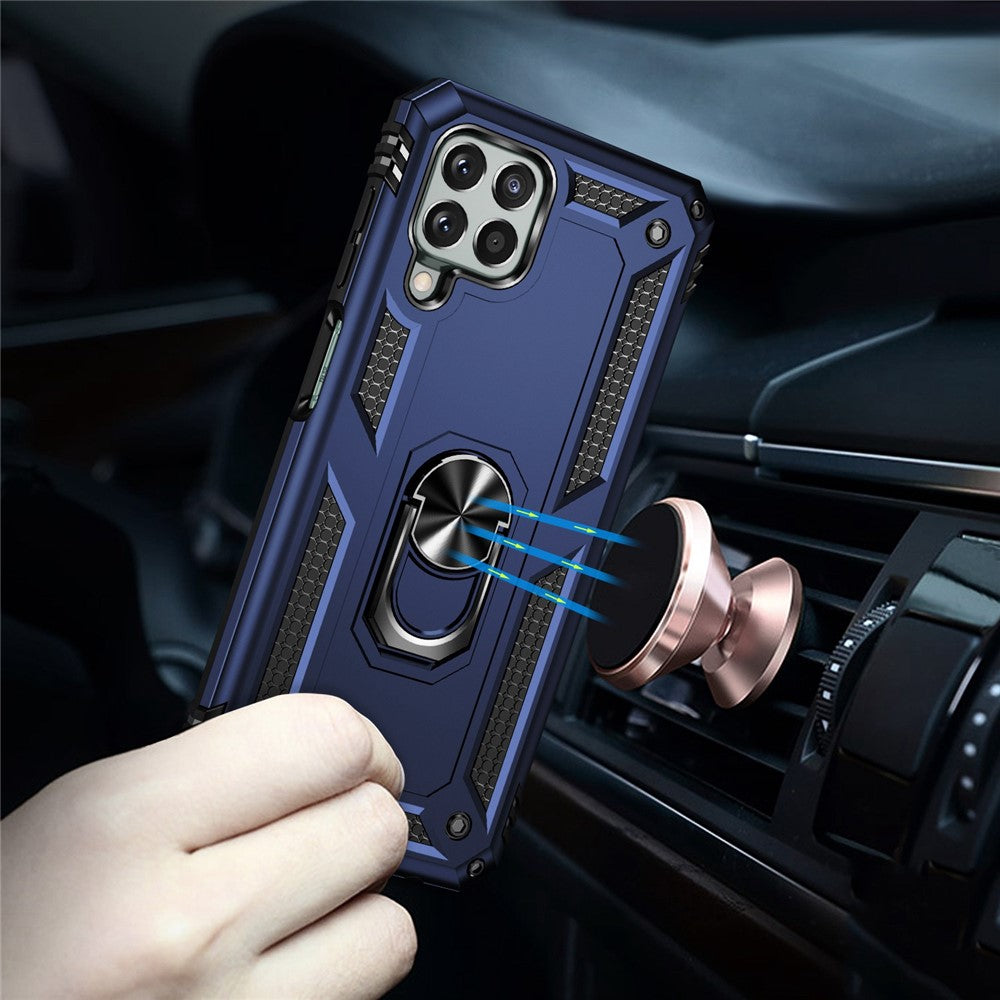 For Samsung Galaxy M33 5G (Global Version) TPU + PC Scratch-resistant Drop-proof Cell Phone Case with Ring Holder Kickstand and Built-in Metal Sheet - Blue