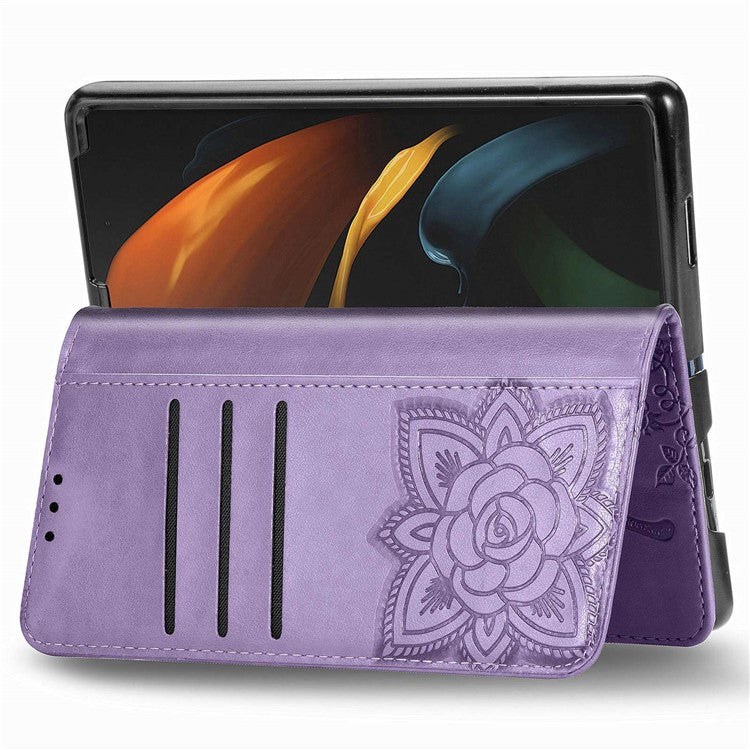 For Samsung Galaxy Z Fold4 5G Drop-proof Flip Cover PU Leather Book Wallet Case Imprinted Butterfly Pattern Stand Magnetic Clasp Phone Shell with Wrist Strap - Light Purple