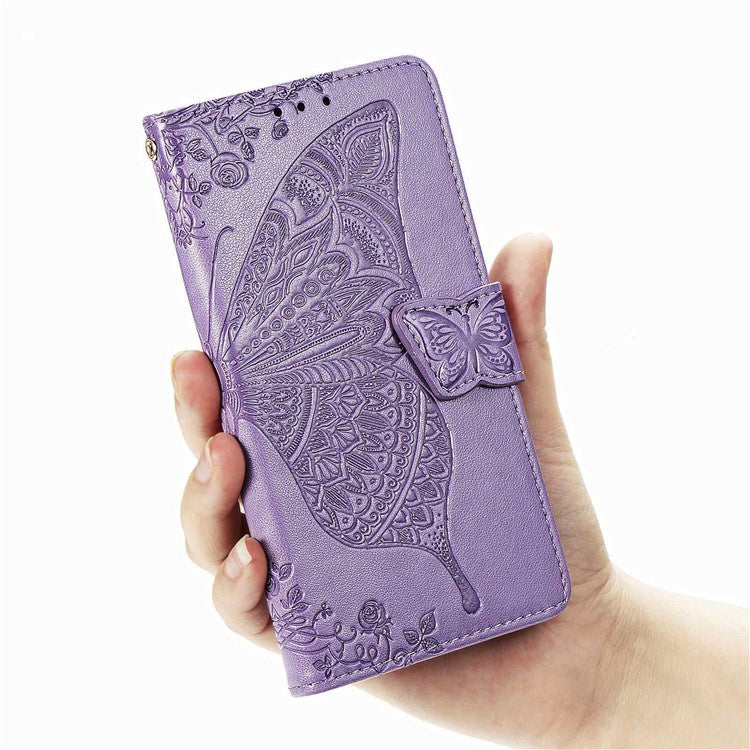 For Samsung Galaxy Z Fold4 5G Drop-proof Flip Cover PU Leather Book Wallet Case Imprinted Butterfly Pattern Stand Magnetic Clasp Phone Shell with Wrist Strap - Light Purple
