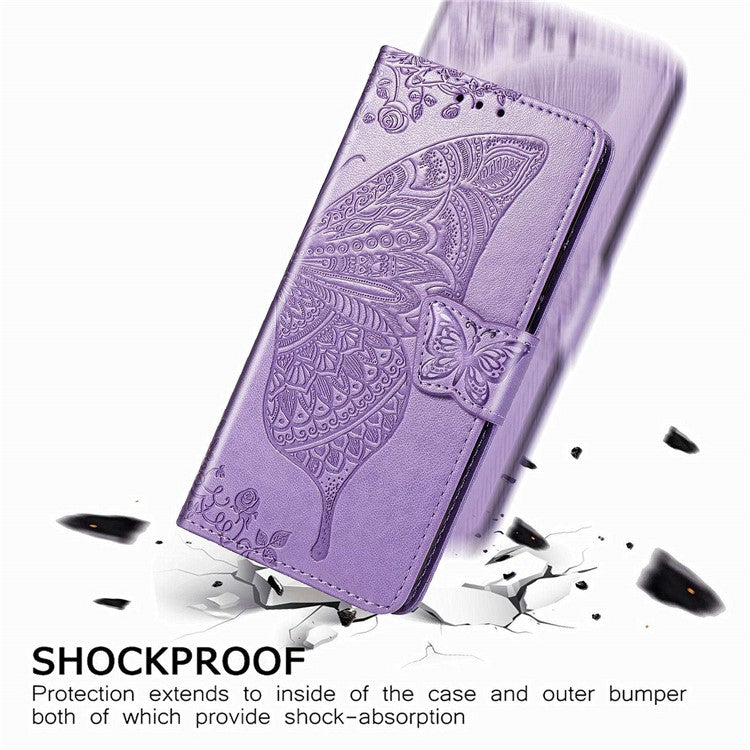 For Samsung Galaxy Z Fold4 5G Drop-proof Flip Cover PU Leather Book Wallet Case Imprinted Butterfly Pattern Stand Magnetic Clasp Phone Shell with Wrist Strap - Light Purple