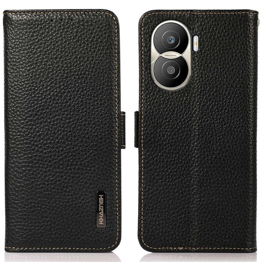 KHAZNEH for Honor X40i 5G RFID Blocking Flip Wallet Phone Case Litchi Texture Genuine Leather Stand Magnetic Closure Protective Cover - Black