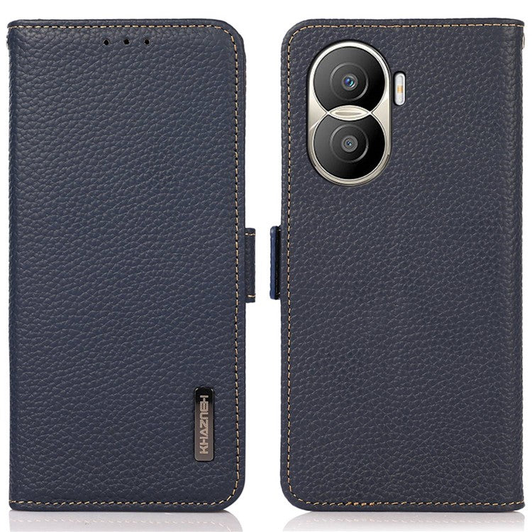 KHAZNEH for Honor X40i 5G RFID Blocking Flip Wallet Phone Case Litchi Texture Genuine Leather Stand Magnetic Closure Protective Cover - Blue