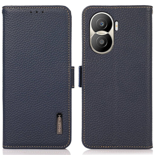 KHAZNEH for Honor X40i 5G RFID Blocking Flip Wallet Phone Case Litchi Texture Genuine Leather Stand Magnetic Closure Protective Cover - Blue
