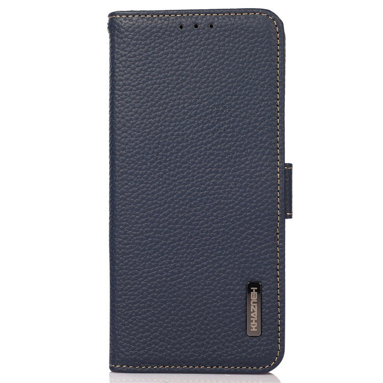 KHAZNEH for Honor X40i 5G RFID Blocking Flip Wallet Phone Case Litchi Texture Genuine Leather Stand Magnetic Closure Protective Cover - Blue
