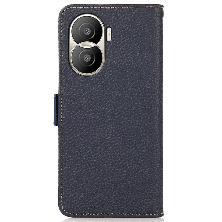 KHAZNEH for Honor X40i 5G RFID Blocking Flip Wallet Phone Case Litchi Texture Genuine Leather Stand Magnetic Closure Protective Cover - Blue