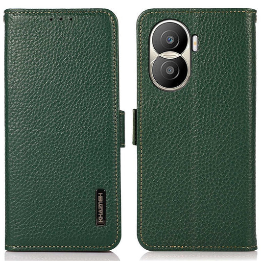 KHAZNEH for Honor X40i 5G RFID Blocking Flip Wallet Phone Case Litchi Texture Genuine Leather Stand Magnetic Closure Protective Cover - Green