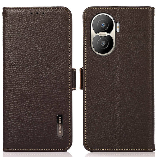 KHAZNEH for Honor X40i 5G RFID Blocking Flip Wallet Phone Case Litchi Texture Genuine Leather Stand Magnetic Closure Protective Cover - Brown